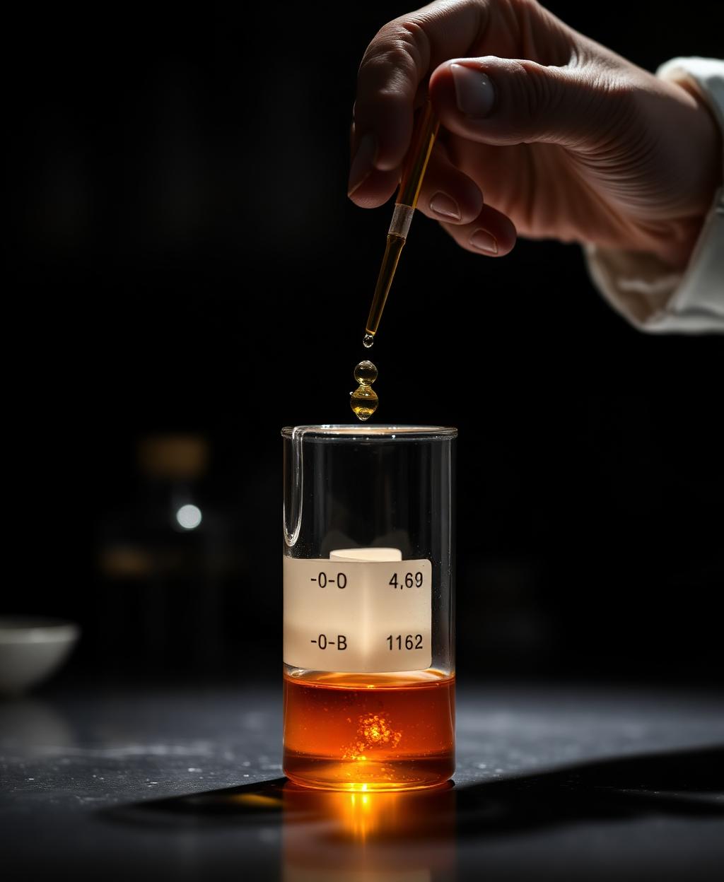Perfumer dropping liquid into a glass beaker with a gold pipette